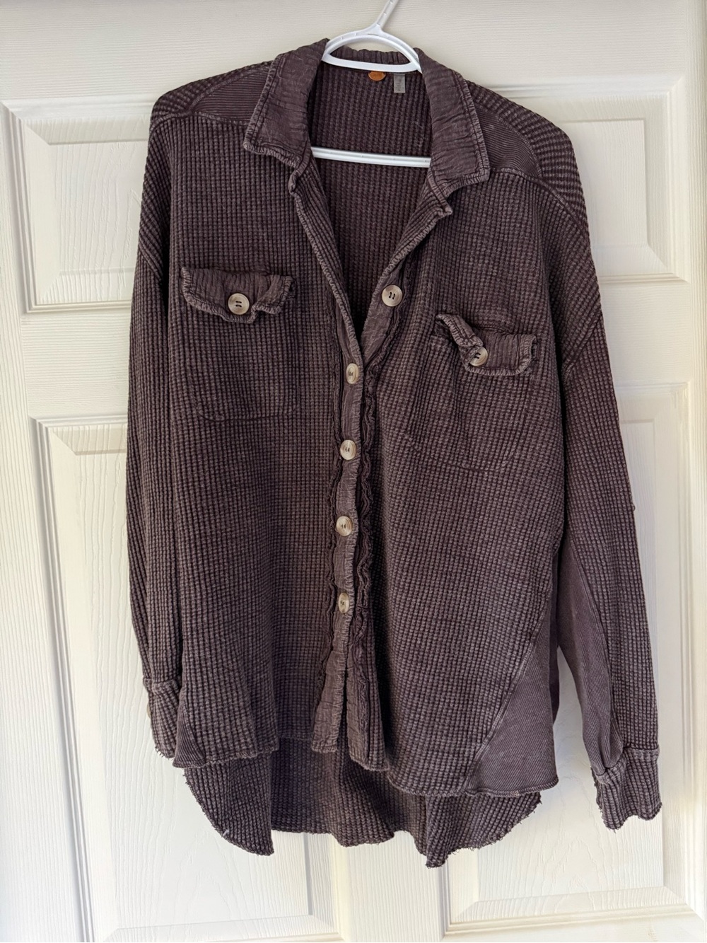 Free People Oversized Thermal Knit Button-Down Shirt Shacket in Brown size med - Picture 2 of 3
